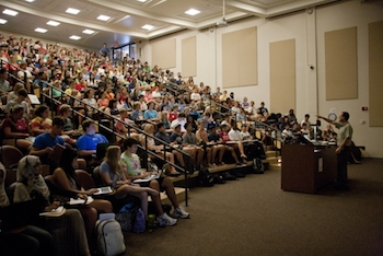 The 404 E lecture hall is filled with students on the first day Dr. Norris Armstrong's Biology class.