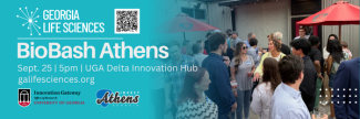 A group of people socializing outdoors under red umbrellas. Text reads "BioBash Athens" with event details. Emphasizes networking and community.