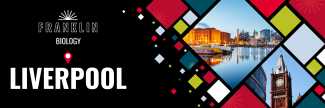 Franklin Biology Liverpool banner with a geometric design. Includes photos of Liverpool's Albert Dock and a red brick clock tower.