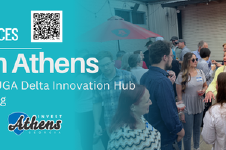A group of people socializing outdoors under red umbrellas. Text reads "BioBash Athens" with event details. Emphasizes networking and community.